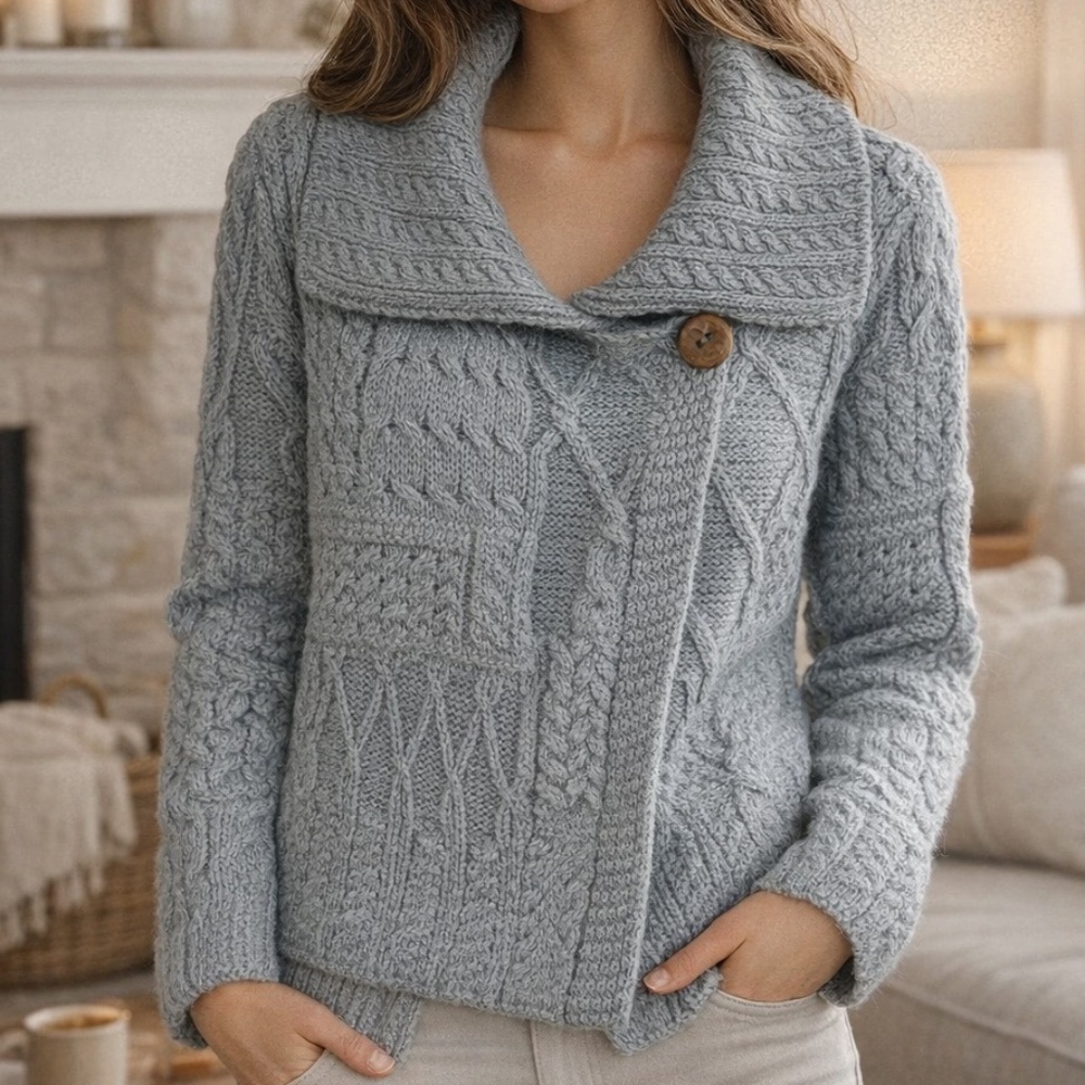 ARAN Cozy Blue Cable Knit Cardigan